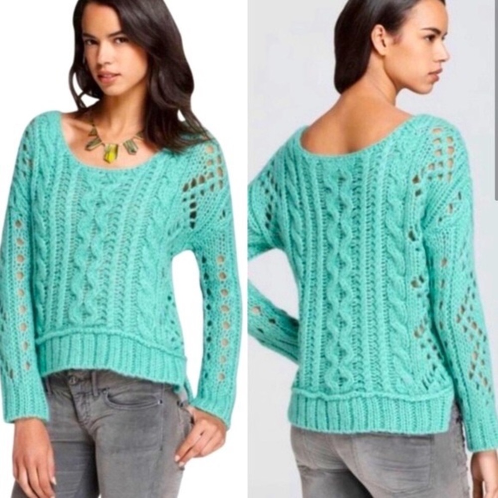 Free People Fluff Sweater in Mint Small Open Cable Knit Pullover Wool Blend
